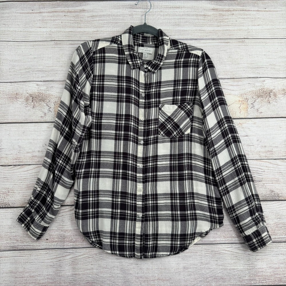 Lucky Brand Button Down Women Medium Black White Plaid 7WD41507 Long Sleeve